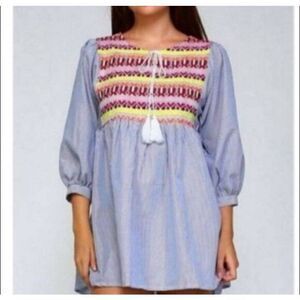 VELZERA BOHO-INSPIRED EMBROIDERED DRESS/TUNIC NWT BLUE SZ.M